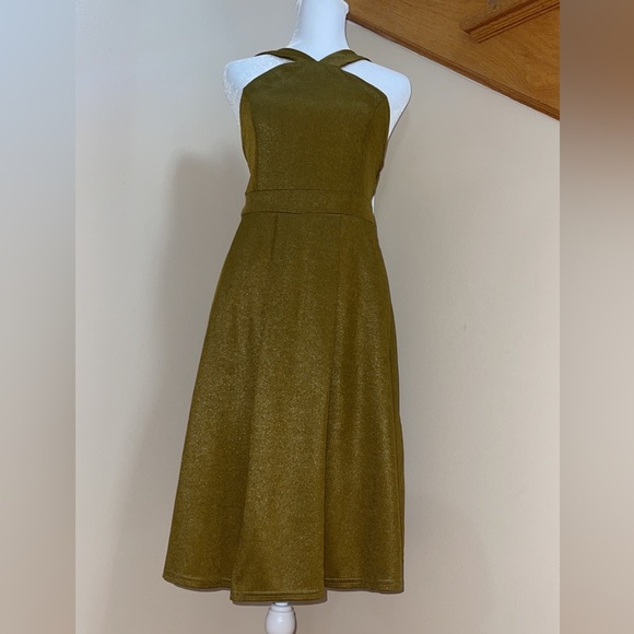 Women’s Cocktail Party Dress Size Large Shimmer Goldish Sexy Cross Neck Halter - Picture 3 of 9